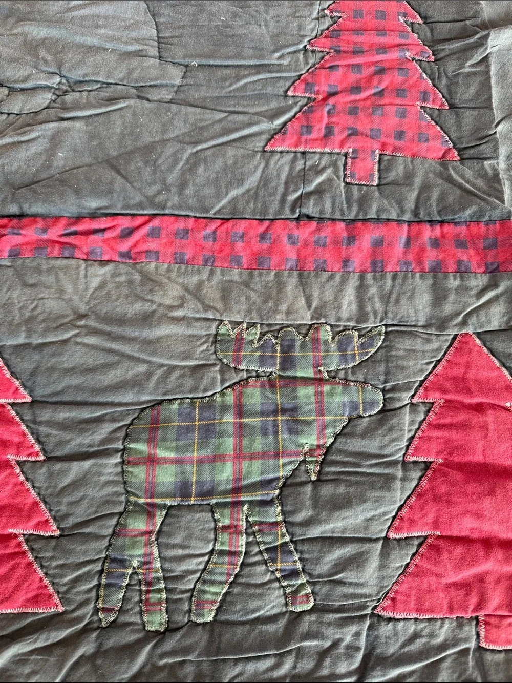 ♥️Rustic Navy Quilt Trees and Moose - shes tired, faded, worn BUT not done! ❤️